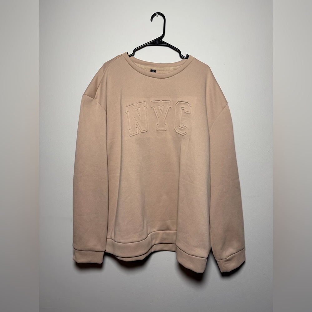 SHEIN Embossed “NYC” Long Sleeve Crewneck Sweatshirt Beige Size 5XL